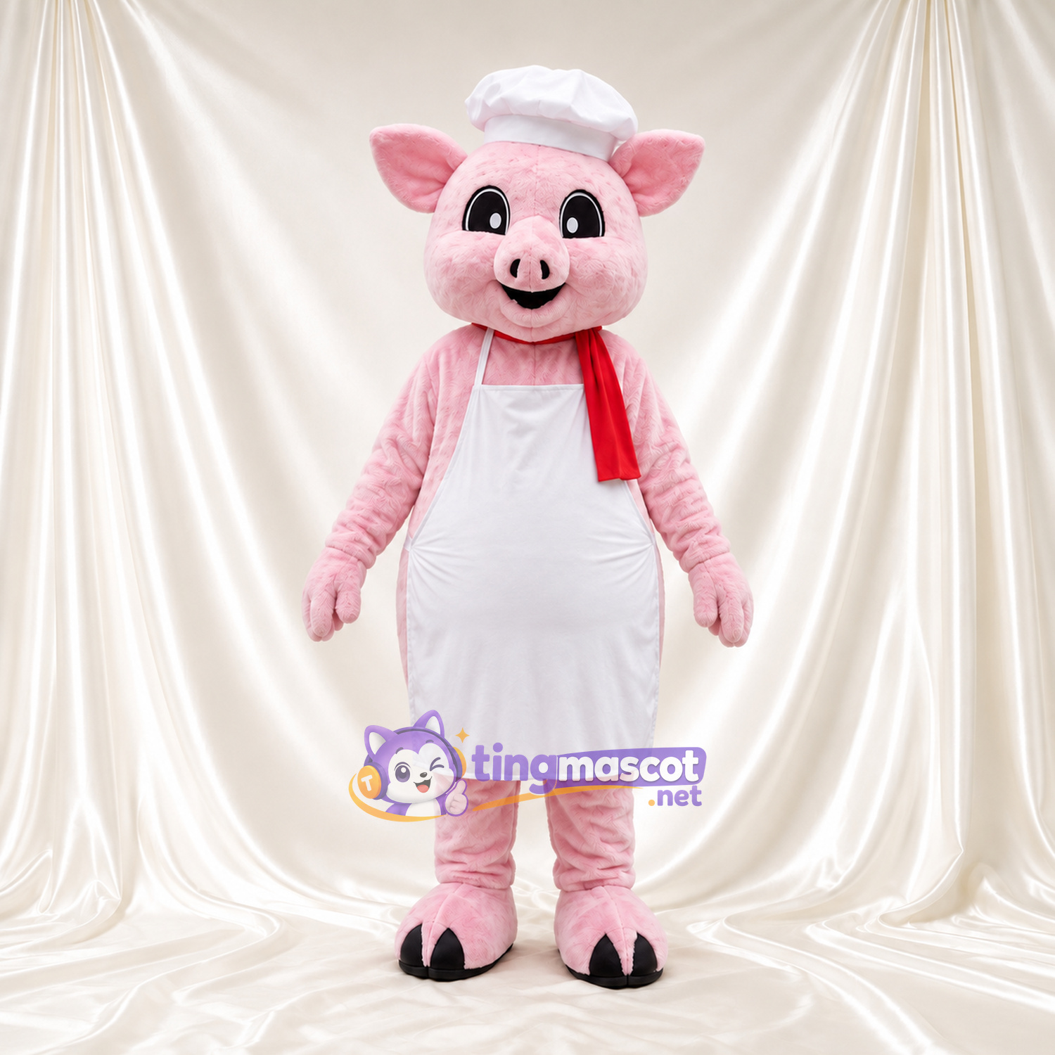 Costume de mascotte Cochon – rose – Toque de chef; Tablier (blanc) Costume de mascotte Cochon – rose – Toque de chef; Tablier (blanc)