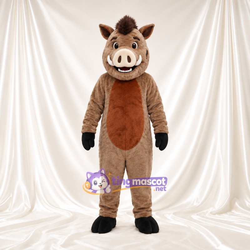 Maskottchenkostüm Wildschwein – braun – Bauch (orange); Breites Zahngrinsen Maskottchenkostüm Wildschwein – braun – Bauch (orange); Breites Zahngrinsen