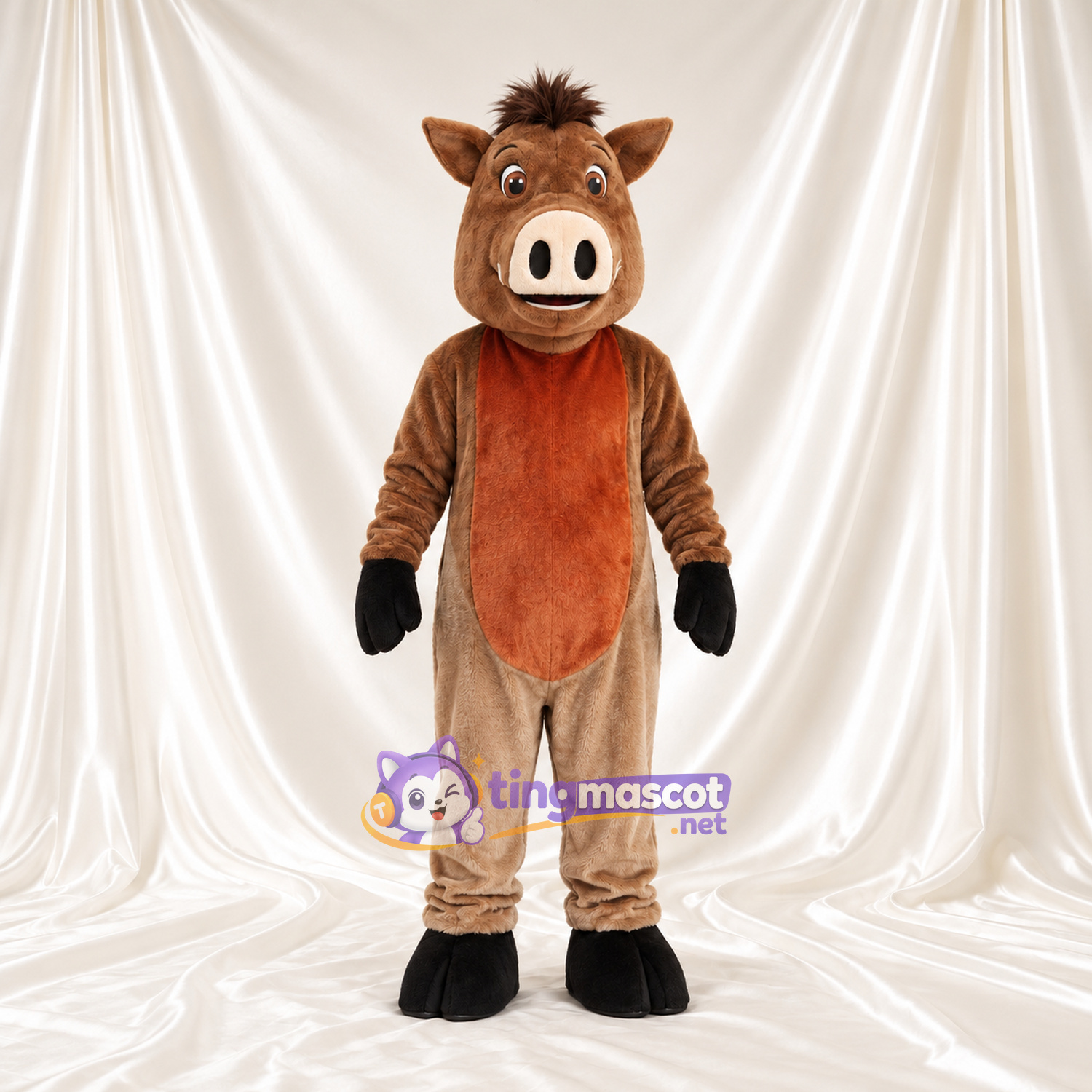 Maskottchenkostüm Wildschwein – braun – Bauch (orange); Mähne (braun) Maskottchenkostüm Wildschwein – braun – Bauch (orange); Mähne (braun)
