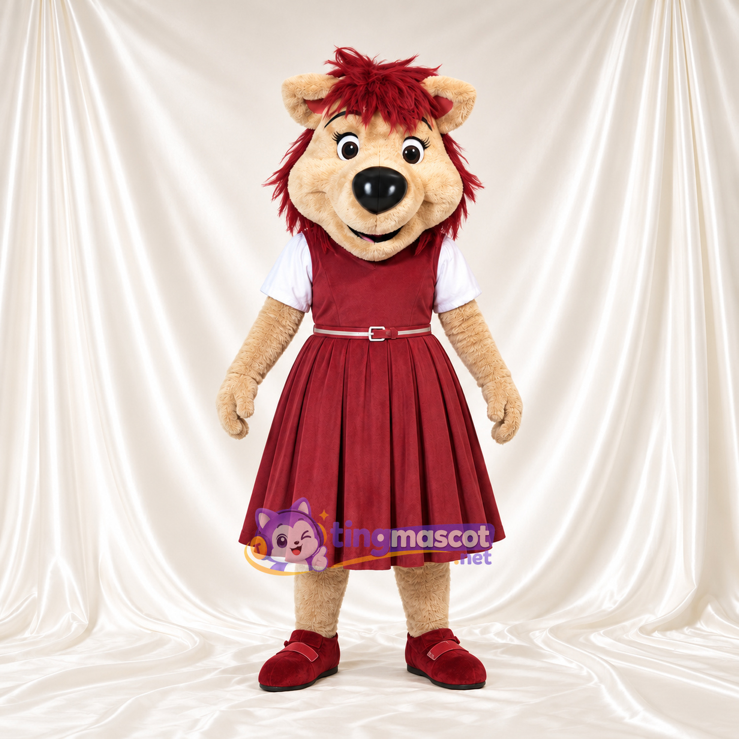 Costume de mascotte Lion – brun clair / bordeaux foncé – Robe (bordeaux foncé) Costume de mascotte Lion – brun clair / bordeaux foncé – Robe (bordeaux foncé)