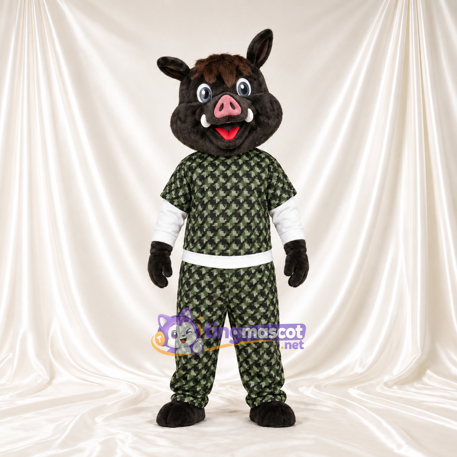 Black Wild Boar Mascot Costume - Green Patterned Outfit Black Wild Boar Mascot Costume - Green Patterned Outfit