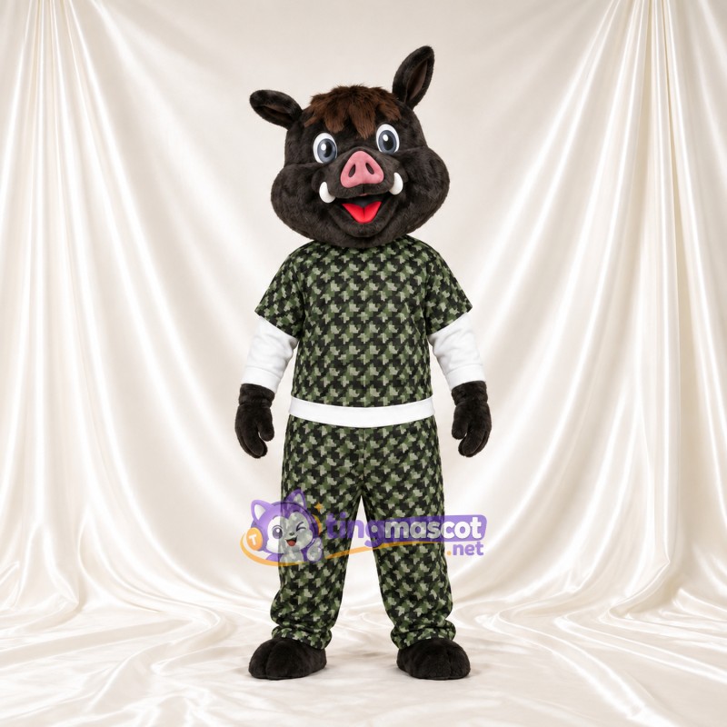 Black Wild Boar Mascot Costume - Green Patterned Outfit Black Wild Boar Mascot Costume - Green Patterned Outfit