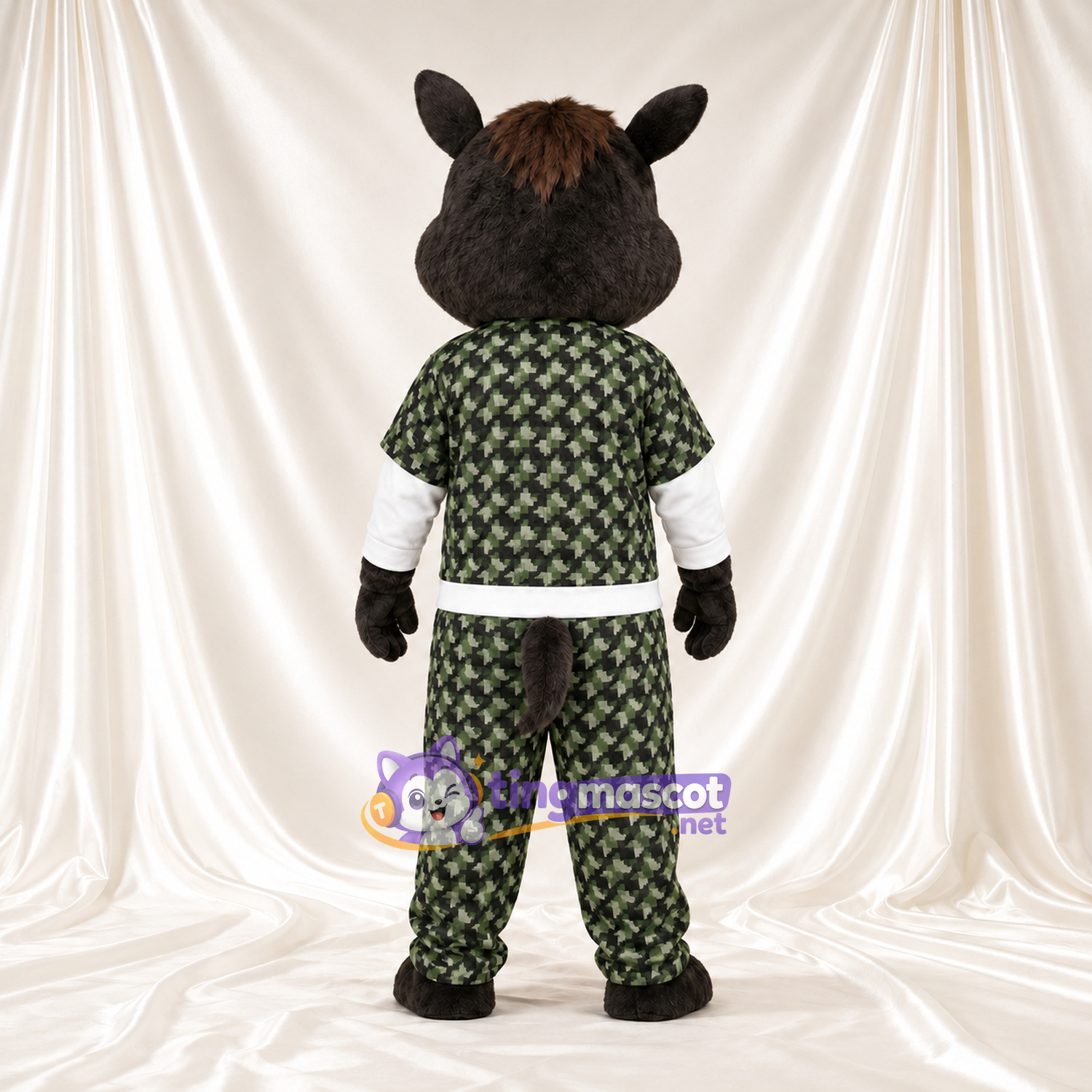 Black Wild Boar Mascot Costume - Green Patterned Outfit Black Wild Boar Mascot Costume - Green Patterned Outfit
