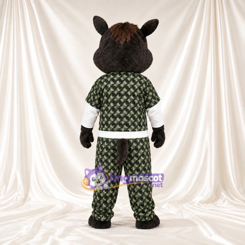 Black Wild Boar Mascot Costume - Green Patterned Outfit Black Wild Boar Mascot Costume - Green Patterned Outfit