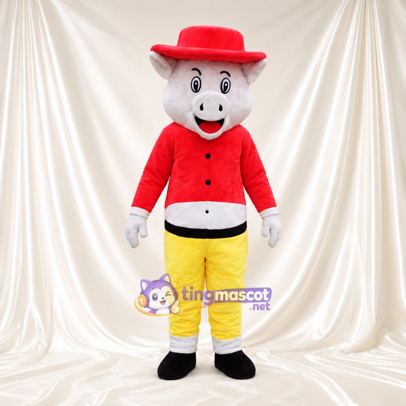 Costume de mascotte Cochon – blanc – Veste (rouge); Pantalon (jaune) Costume de mascotte Cochon – blanc – Veste (rouge); Pantalon (jaune)