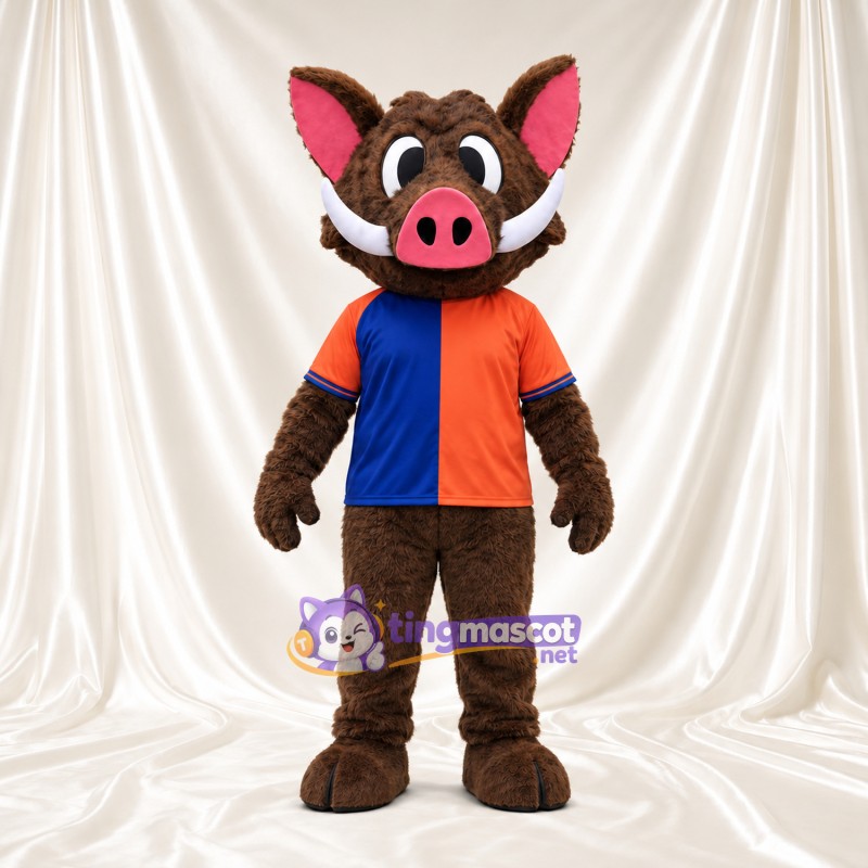 Costume de mascotte Sanglier – marron – Chemise (bleu / orange) Costume de mascotte Sanglier – marron – Chemise (bleu / orange)