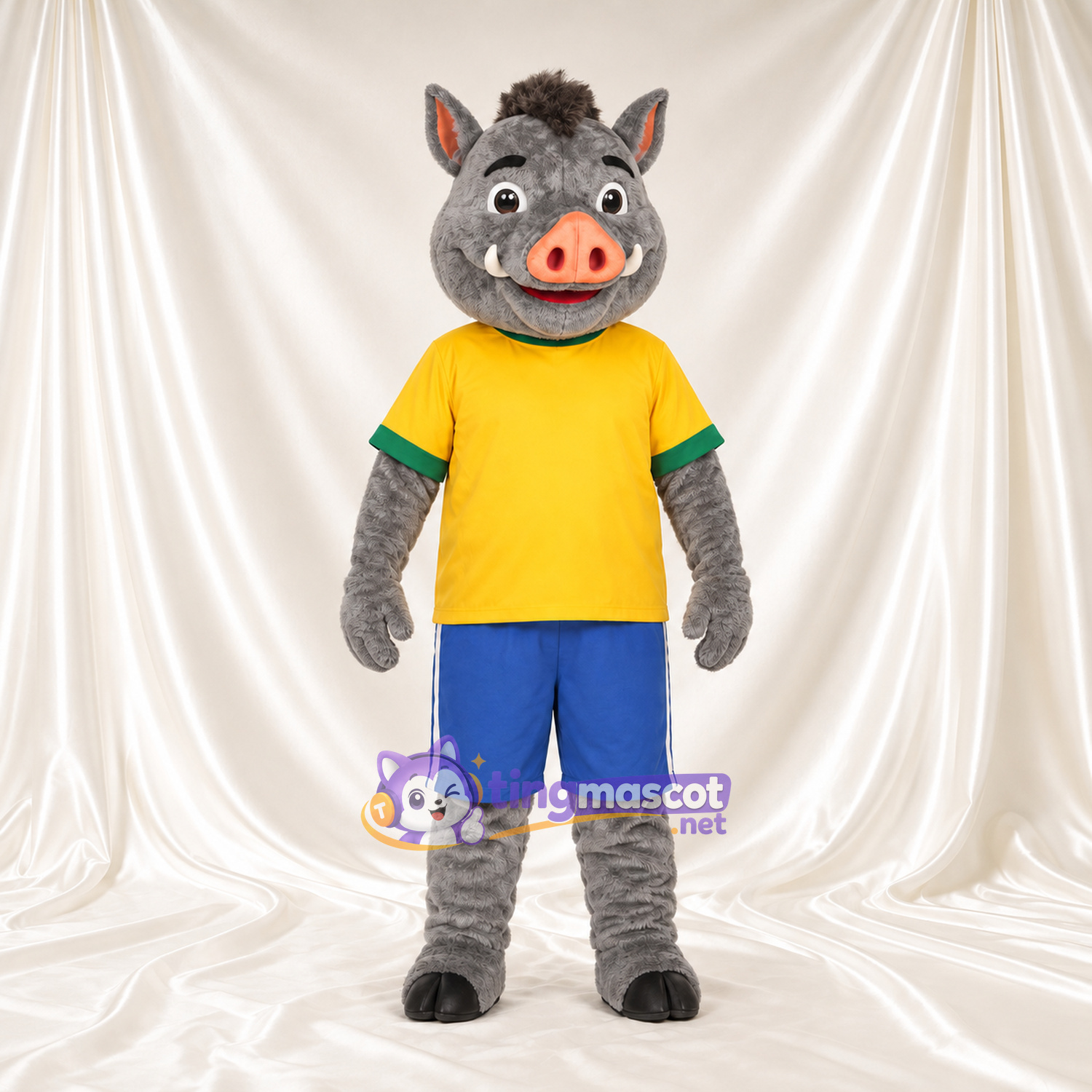 Costume de mascotte Sanglier – gris – Chemise (jaune); Short (bleu) Costume de mascotte Sanglier – gris – Chemise (jaune); Short (bleu)