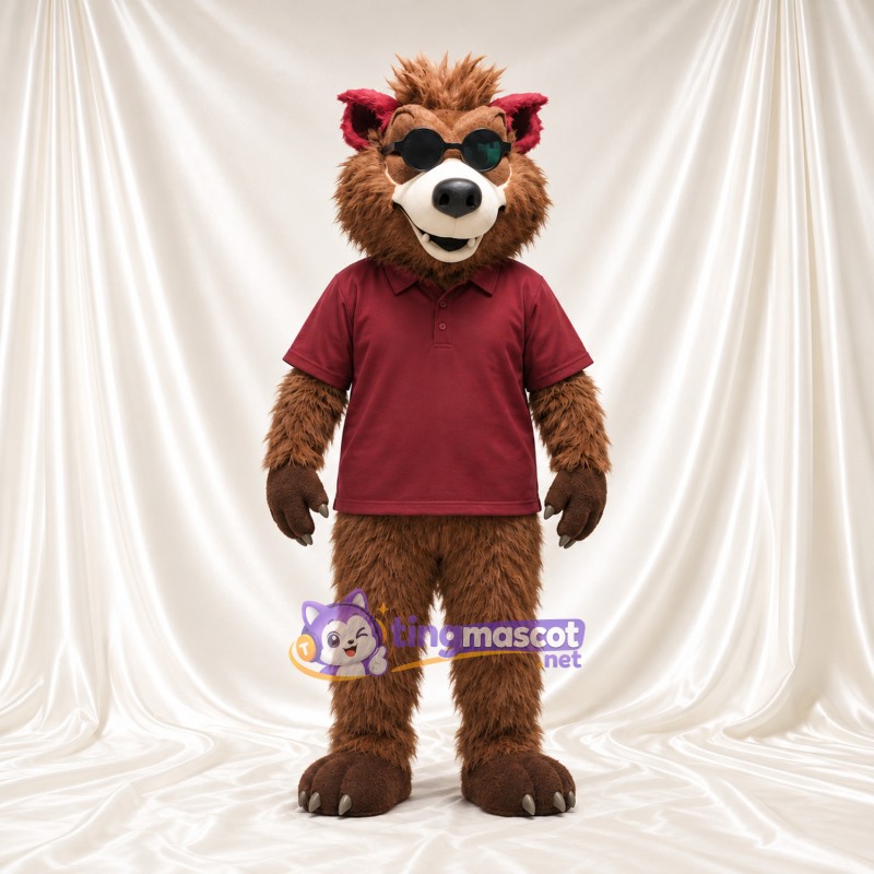 Costume de mascotte Loup – marron – Polo (bordeaux); Lunettes de soleil