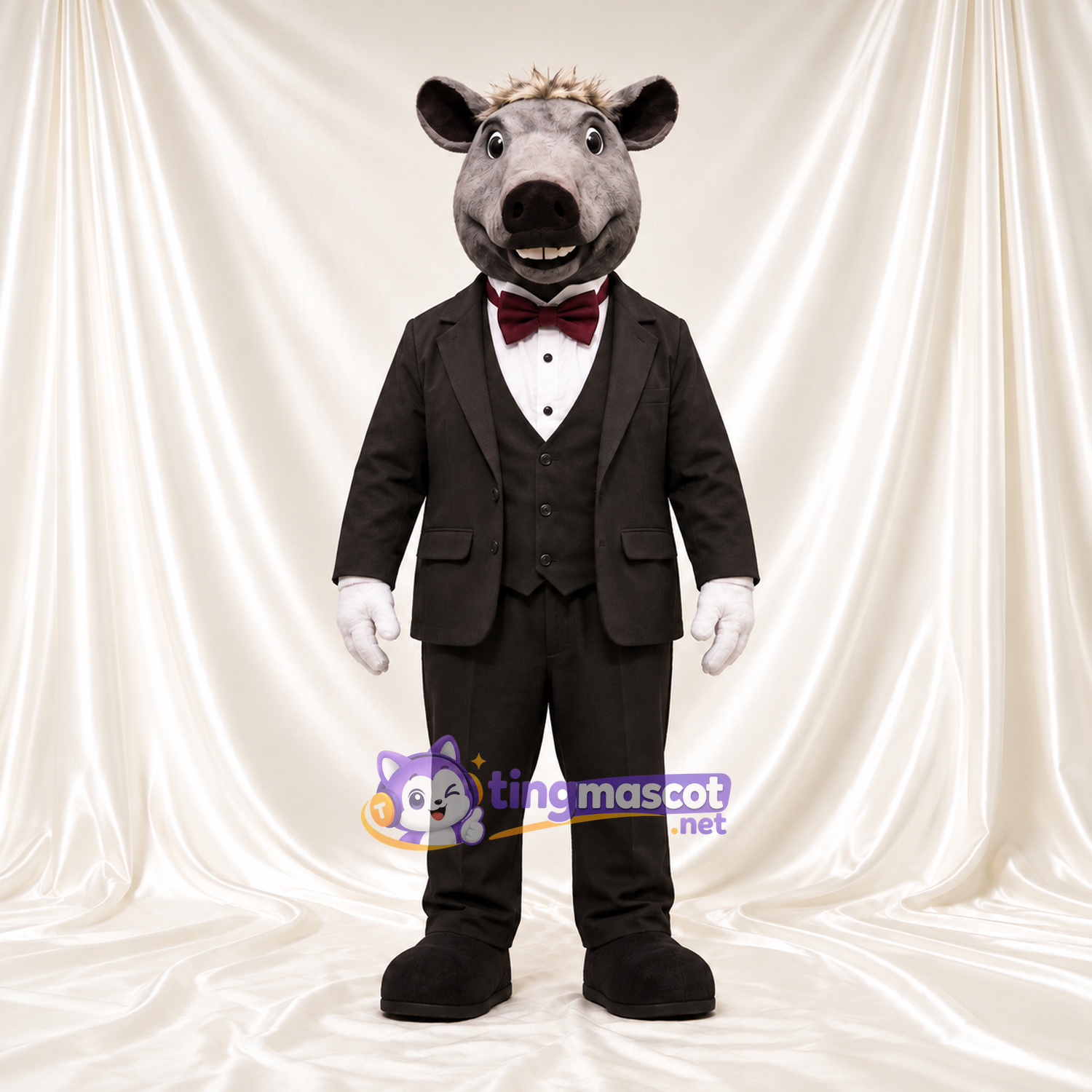 Costume de mascotte Sanglier – gris – Costume (noir); Nœud papillon Costume de mascotte Sanglier – gris – Costume (noir); Nœud papillon