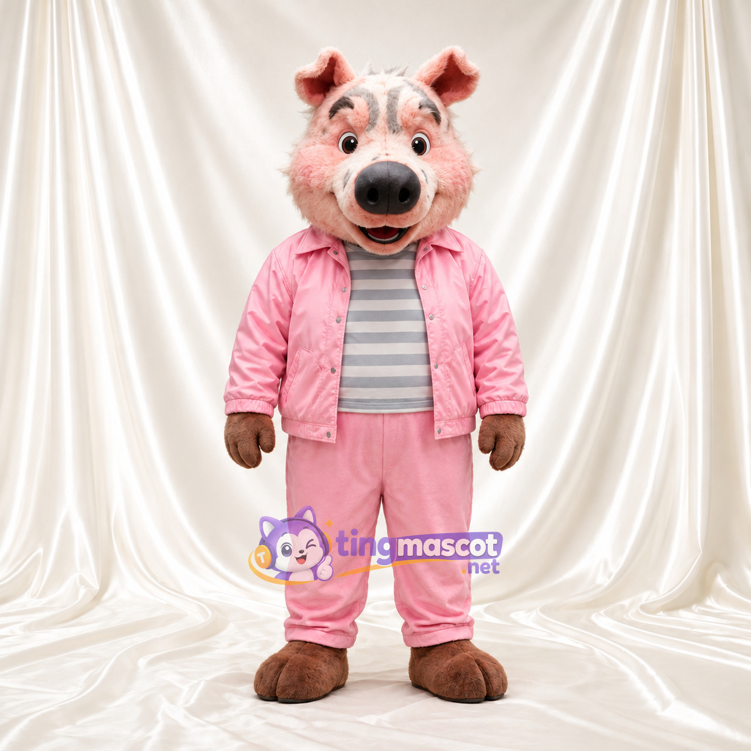 Costume de mascotte Cochon – gris – Survêtement (rose) Costume de mascotte Cochon – gris – Survêtement (rose)