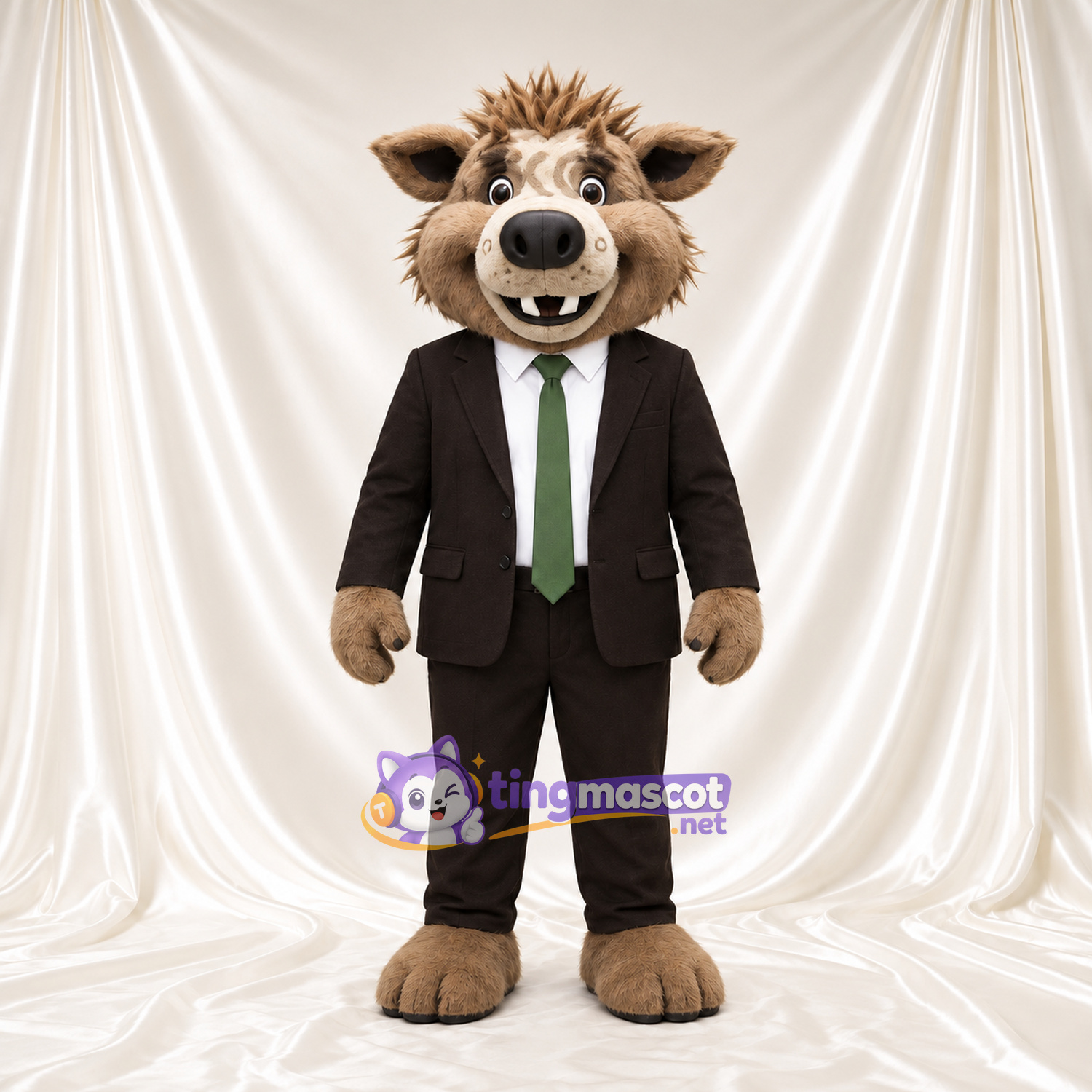 Maskottchenkostüm Wildschwein – braun – Anzug (schwarz); Krawatte (grün) Maskottchenkostüm Wildschwein – braun – Anzug (schwarz); Krawatte (grün)