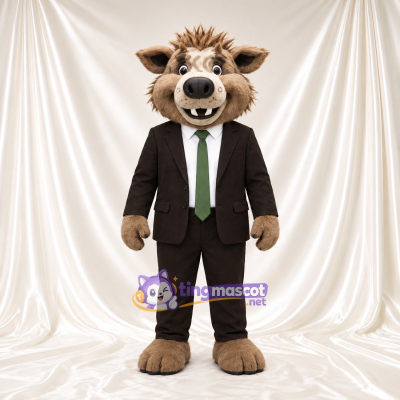 Maskottchenkostüm Wildschwein – braun – Anzug (schwarz); Krawatte (grün) Maskottchenkostüm Wildschwein – braun – Anzug (schwarz); Krawatte (grün)