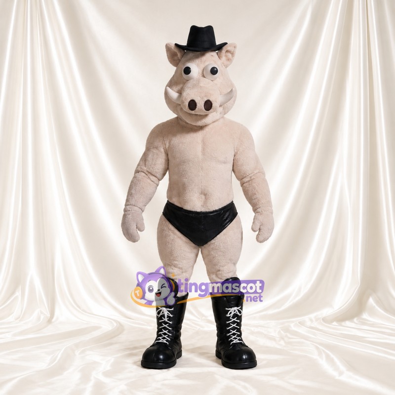 Costume de mascotte Cochon – gris – Chapeau de cowboy (noir); Bottes Costume de mascotte Cochon – gris – Chapeau de cowboy (noir); Bottes