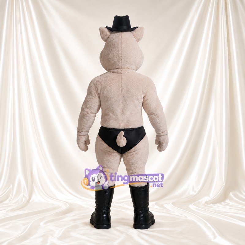 Costume de mascotte Cochon – gris – Chapeau de cowboy (noir); Bottes Costume de mascotte Cochon – gris – Chapeau de cowboy (noir); Bottes
