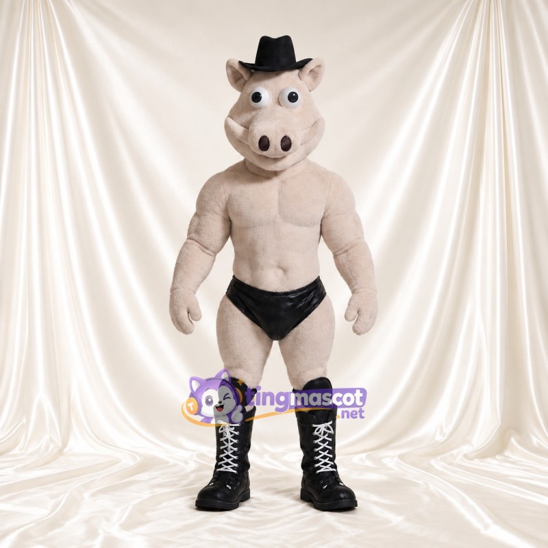 Costume de mascotte Cochon – gris – Chapeau de cowboy (noir); Bottes Costume de mascotte Cochon – gris – Chapeau de cowboy (noir); Bottes