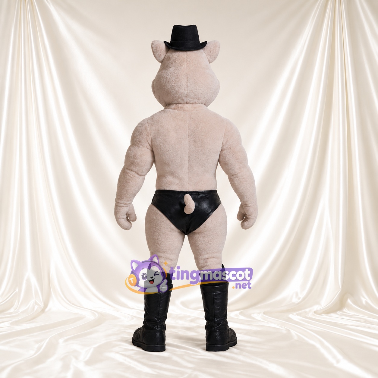 Costume de mascotte Cochon – gris – Chapeau de cowboy (noir); Bottes Costume de mascotte Cochon – gris – Chapeau de cowboy (noir); Bottes