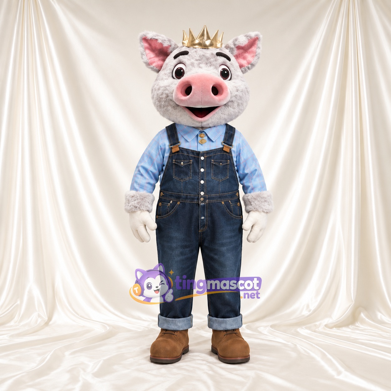 Costume de mascotte Cochon – crème / rose – Couronne; Salopette Costume de mascotte Cochon – crème / rose – Couronne; Salopette