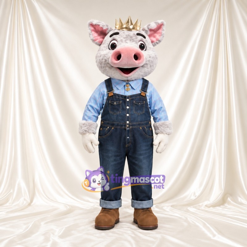 Costume de mascotte Cochon – crème / rose – Couronne; Salopette Costume de mascotte Cochon – crème / rose – Couronne; Salopette