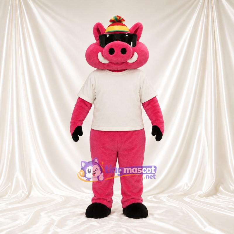 Bright Pink Pig Mascot Costume - Cream Shirt and Yellow Hat Bright Pink Pig Mascot Costume - Cream Shirt and Yellow Hat