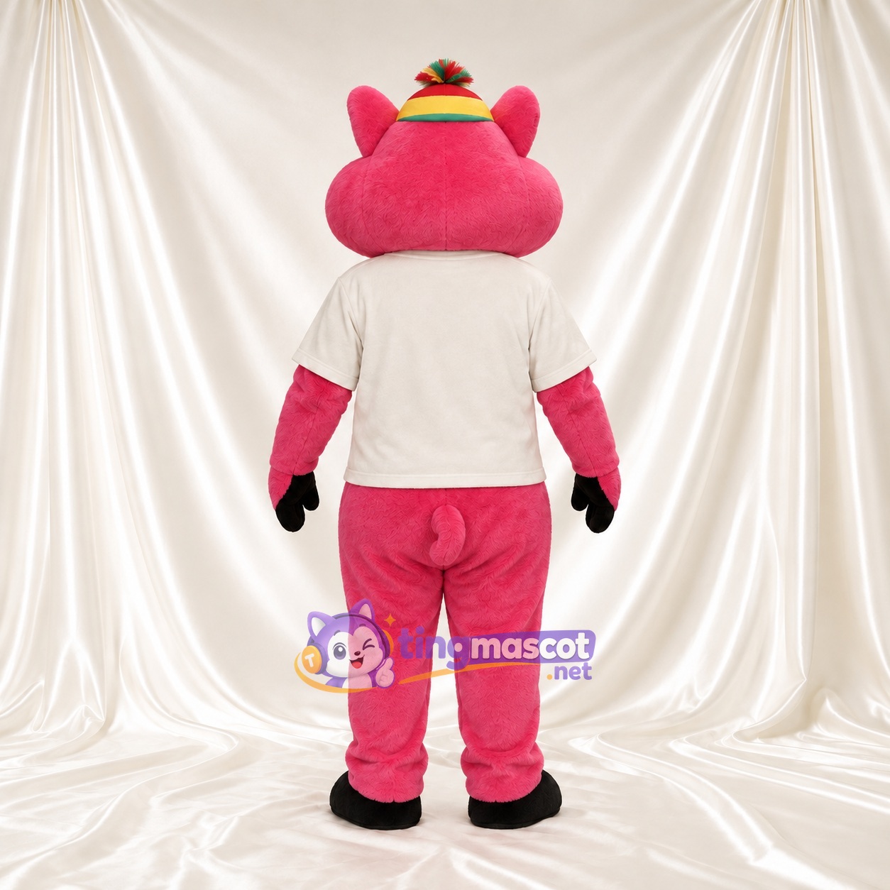 Bright Pink Pig Mascot Costume - Cream Shirt and Yellow Hat Bright Pink Pig Mascot Costume - Cream Shirt and Yellow Hat