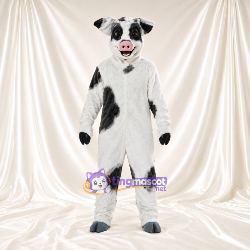 Black and White Pig Mascot Costume - Gray Hands and Feet and Large Patch Pattern Black and White Pig Mascot Costume - Gray Hands and Feet and Large Patch Pattern