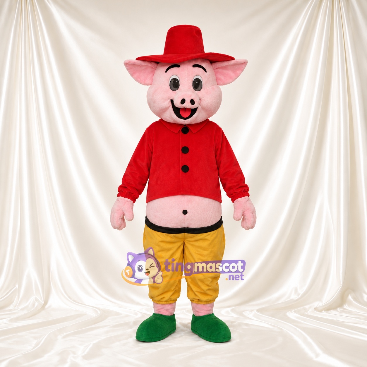 Costume de mascotte Cochon – rose – Chapeau (rouge); Veste Costume de mascotte Cochon – rose – Chapeau (rouge); Veste