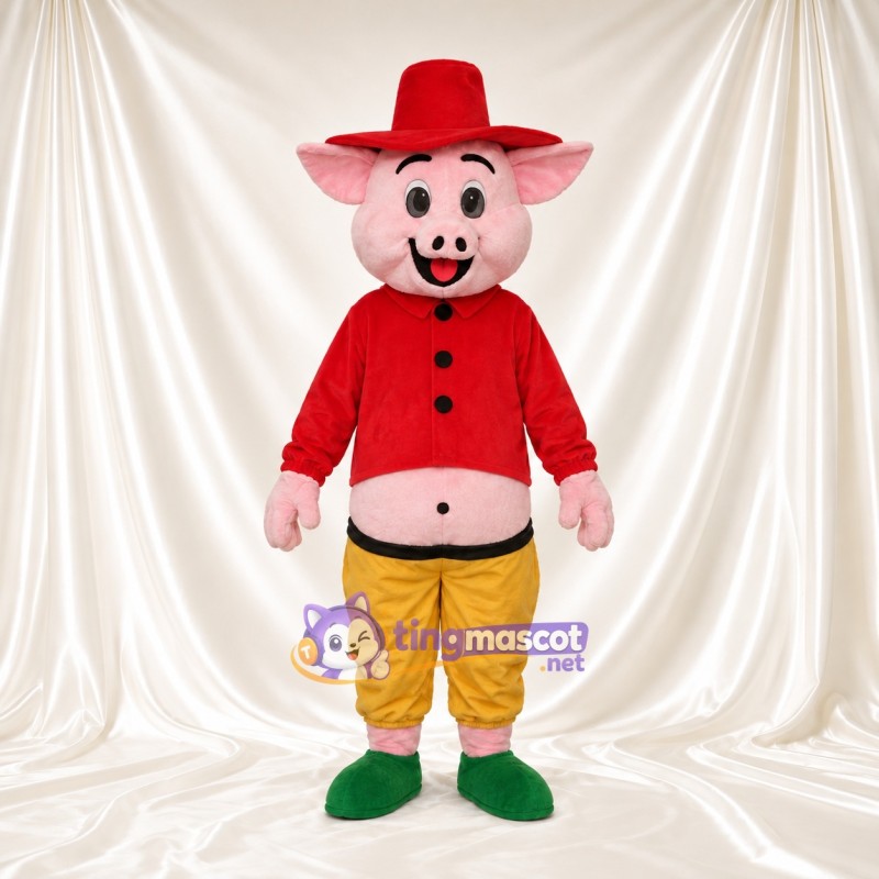Costume de mascotte Cochon – rose – Chapeau (rouge); Veste Costume de mascotte Cochon – rose – Chapeau (rouge); Veste