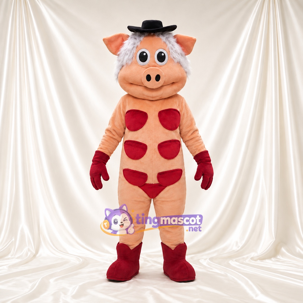 Costume de mascotte Cochon – pêche – Chapeau melon (noir); Taches (rouge) Costume de mascotte Cochon – pêche – Chapeau melon (noir); Taches (rouge)