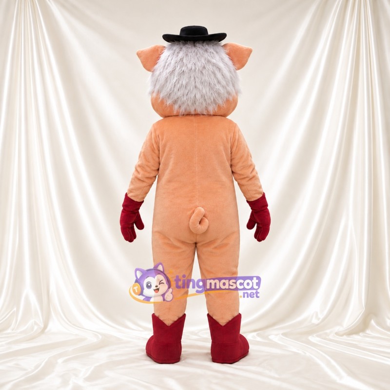 Costume de mascotte Cochon – pêche – Chapeau melon (noir); Taches (rouge) Costume de mascotte Cochon – pêche – Chapeau melon (noir); Taches (rouge)