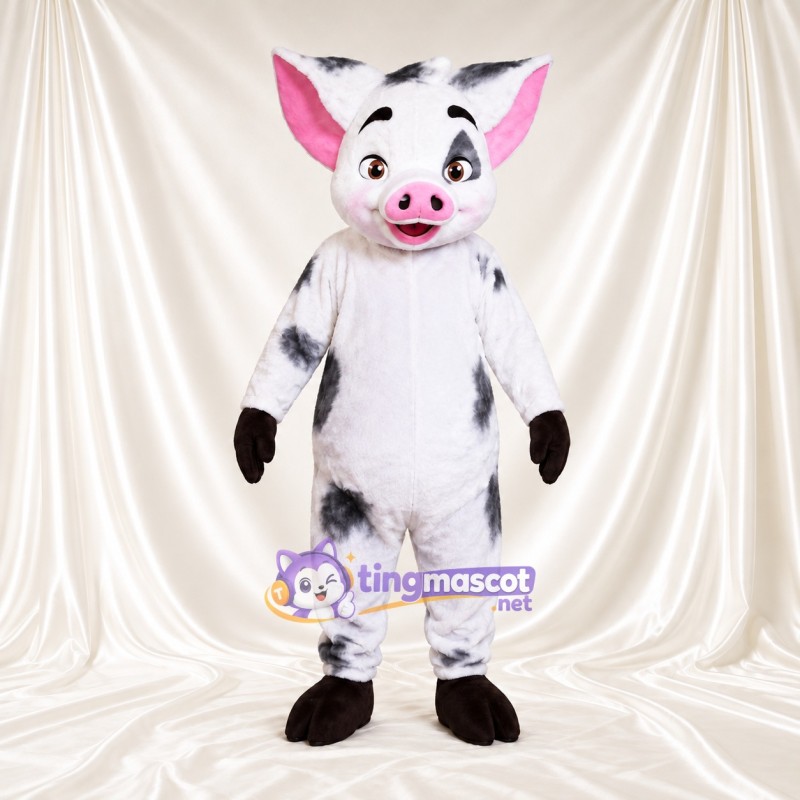 Black and White Pig Mascot Costume - Pink Inner Ears and Black Gloves Black and White Pig Mascot Costume - Pink Inner Ears and Black Gloves