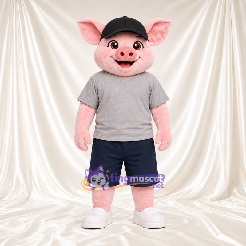 Costume de mascotte Cochon – rose – Chemise (gris); Short (noir) Costume de mascotte Cochon – rose – Chemise (gris); Short (noir)