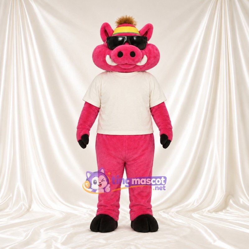 Bright Pink Pig Mascot Costume - Cream Shirt and Yellow Hat Bright Pink Pig Mascot Costume - Cream Shirt and Yellow Hat