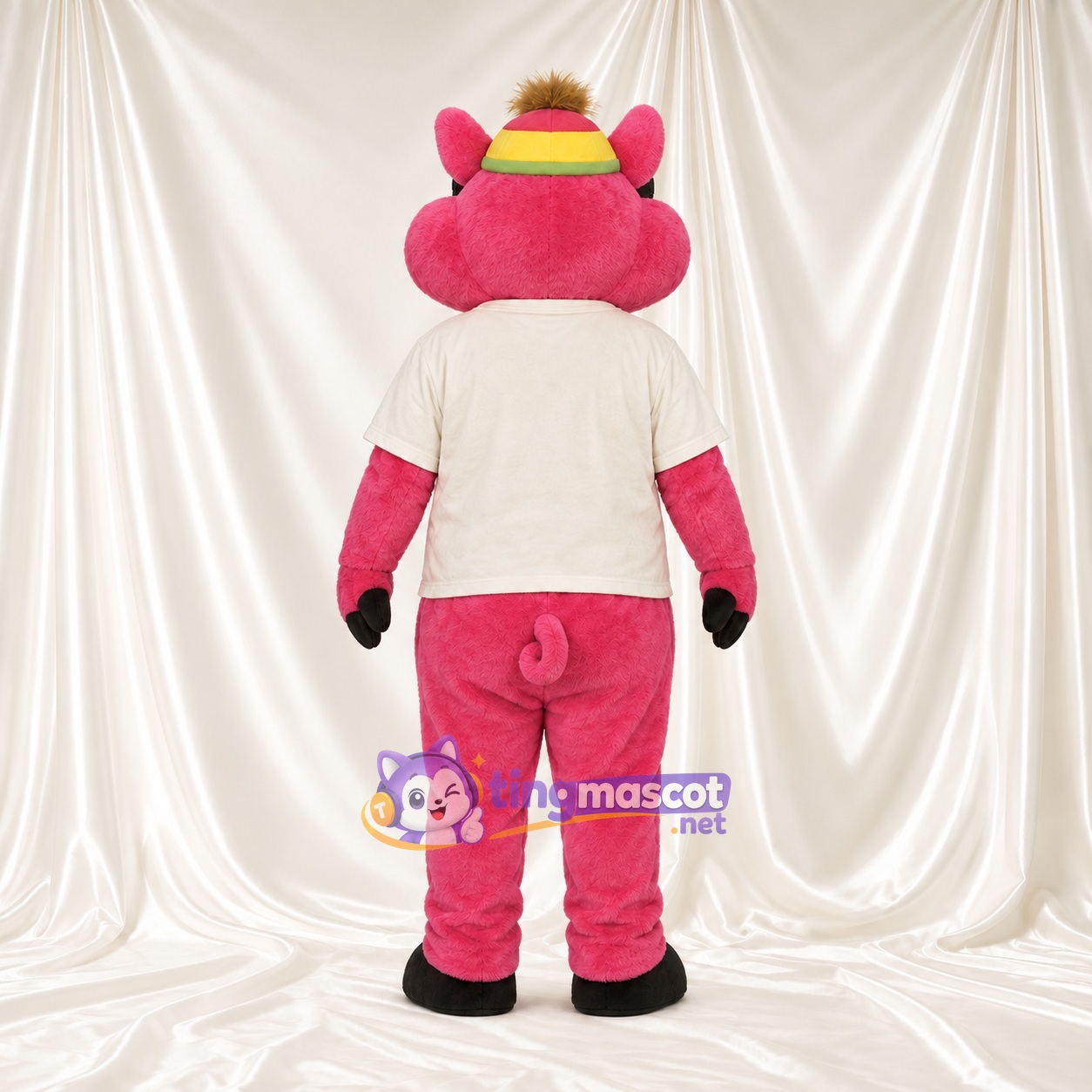 Bright Pink Pig Mascot Costume - Cream Shirt and Yellow Hat Bright Pink Pig Mascot Costume - Cream Shirt and Yellow Hat