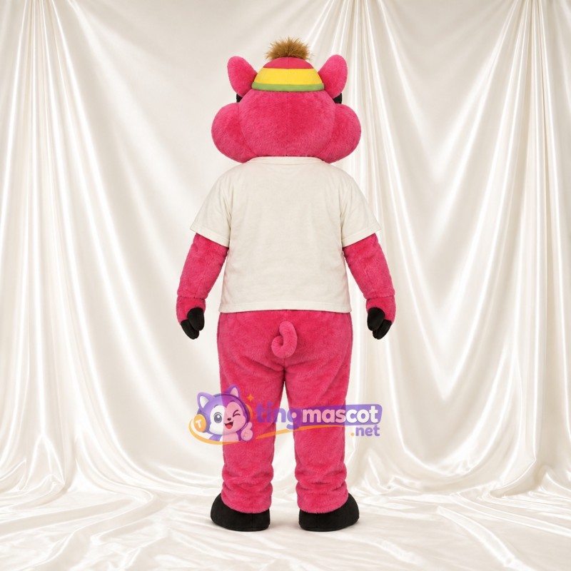 Bright Pink Pig Mascot Costume - Cream Shirt and Yellow Hat Bright Pink Pig Mascot Costume - Cream Shirt and Yellow Hat