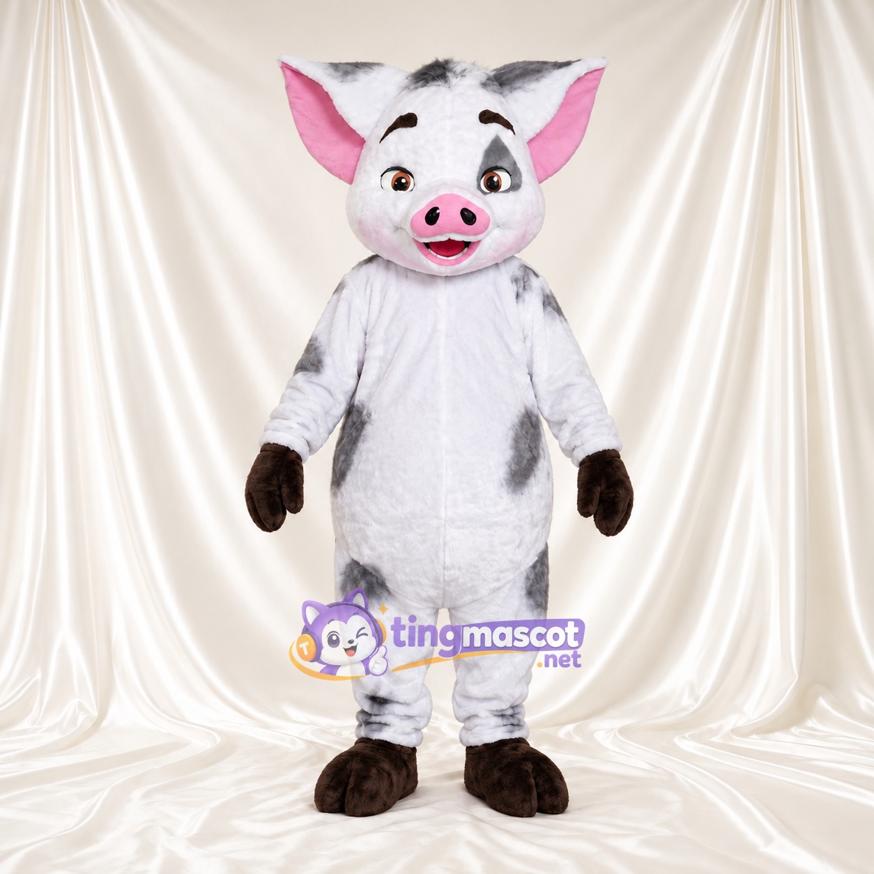 Black and White Pig Mascot Costume - Pink Inner Ears and Brown Hands Black and White Pig Mascot Costume - Pink Inner Ears and Brown Hands