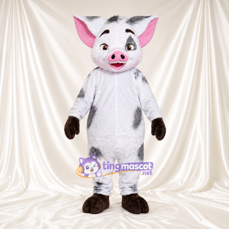 Black and White Pig Mascot Costume - Pink Inner Ears and Brown Hands Black and White Pig Mascot Costume - Pink Inner Ears and Brown Hands