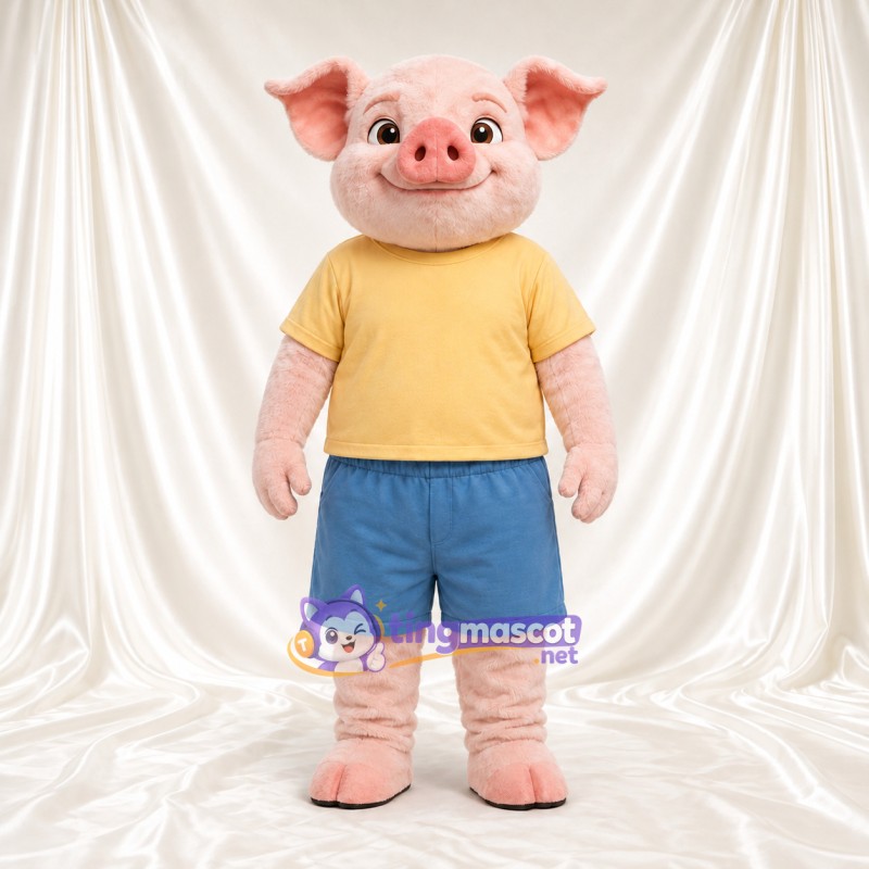 Costume de mascotte Cochon – rose – Chemise (jaune); Short (bleu) Costume de mascotte Cochon – rose – Chemise (jaune); Short (bleu)