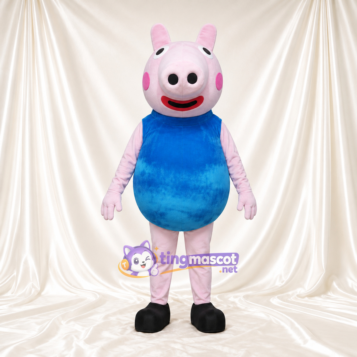 Light Purple Pig Mascot Costume - Blue Outfit Light Purple Pig Mascot Costume - Blue Outfit