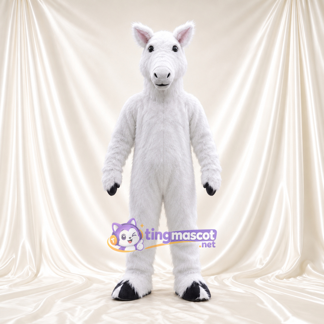 Costume de mascotte Cheval – blanc – Intérieur des oreilles (rose); Sabots (noir) Costume de mascotte Cheval – blanc – Intérieur des oreilles (rose); Sabots (noir)