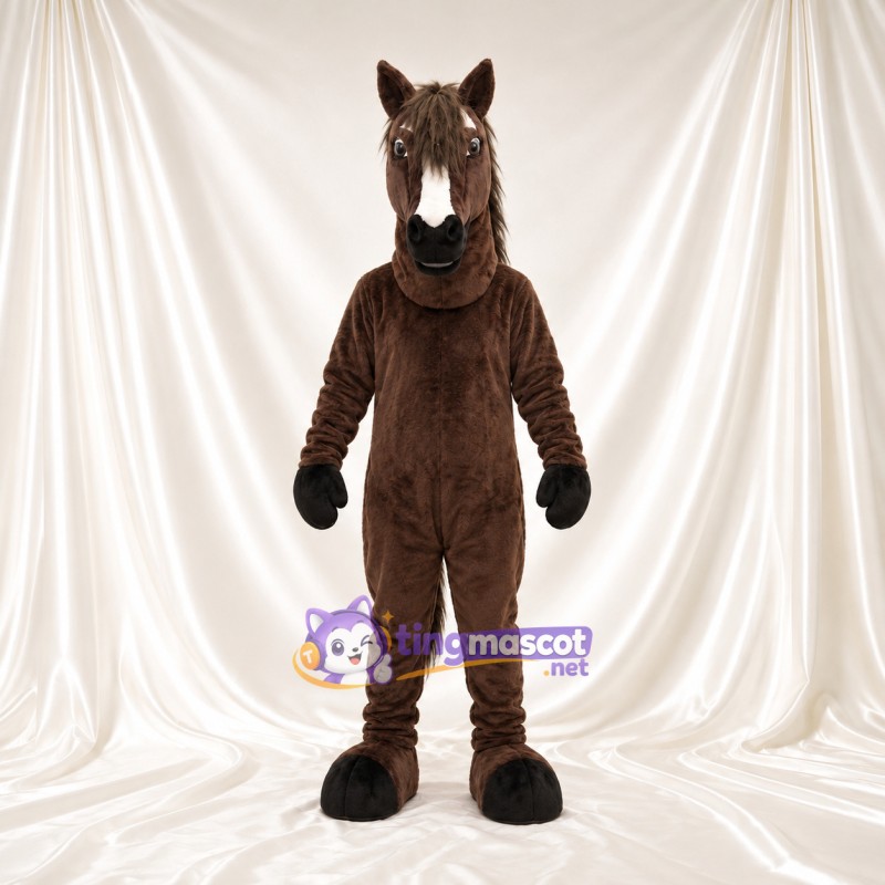 Costume de mascotte Cheval – marron foncé – Crinière (noir); Liste sur le visage (blanc)