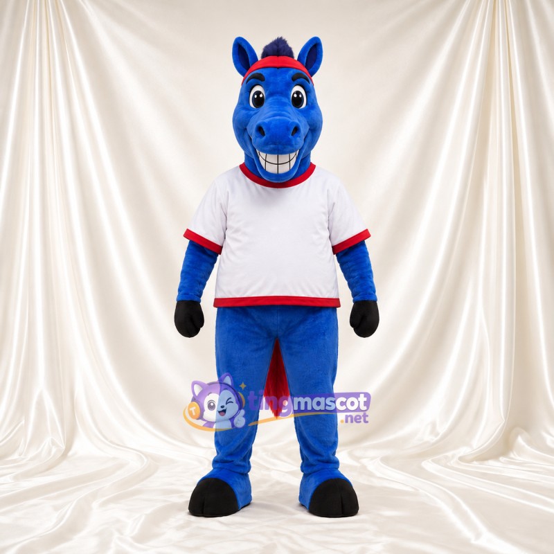Costume de mascotte Cheval – bleu – Chemise (blanc); Crinière (rouge) Costume de mascotte Cheval – bleu – Chemise (blanc); Crinière (rouge)