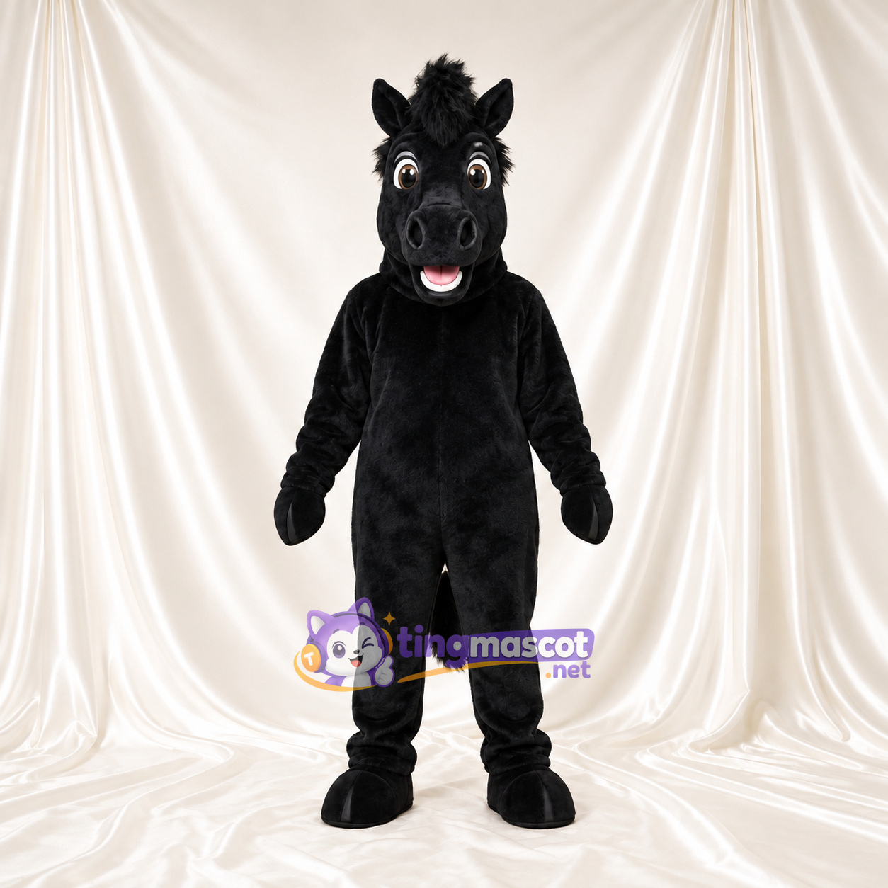 Black Horse Mascot Costume - Black Mane and Open Mouth Black Horse Mascot Costume - Black Mane and Open Mouth