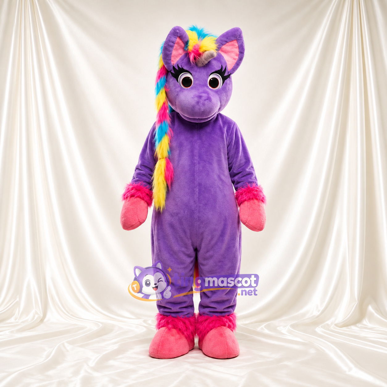Maskottchenkostüm Einhorn – violett – Mähne (Regenbogenfarben); Schwanz Maskottchenkostüm Einhorn – violett – Mähne (Regenbogenfarben); Schwanz