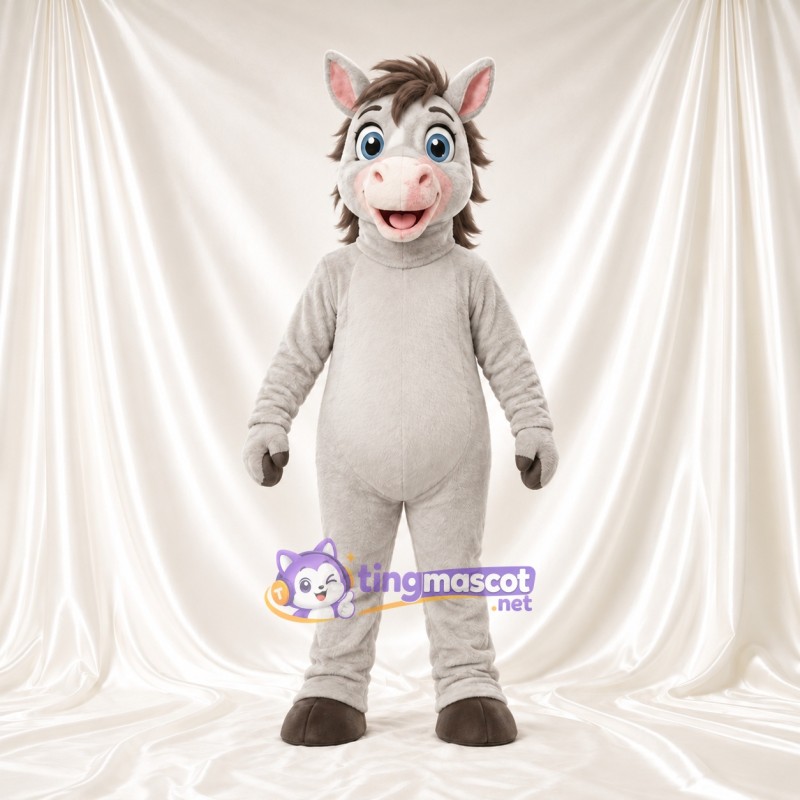 Costume de mascotte Cheval – gris – Crinière (gris); Yeux (bleu) Costume de mascotte Cheval – gris – Crinière (gris); Yeux (bleu)