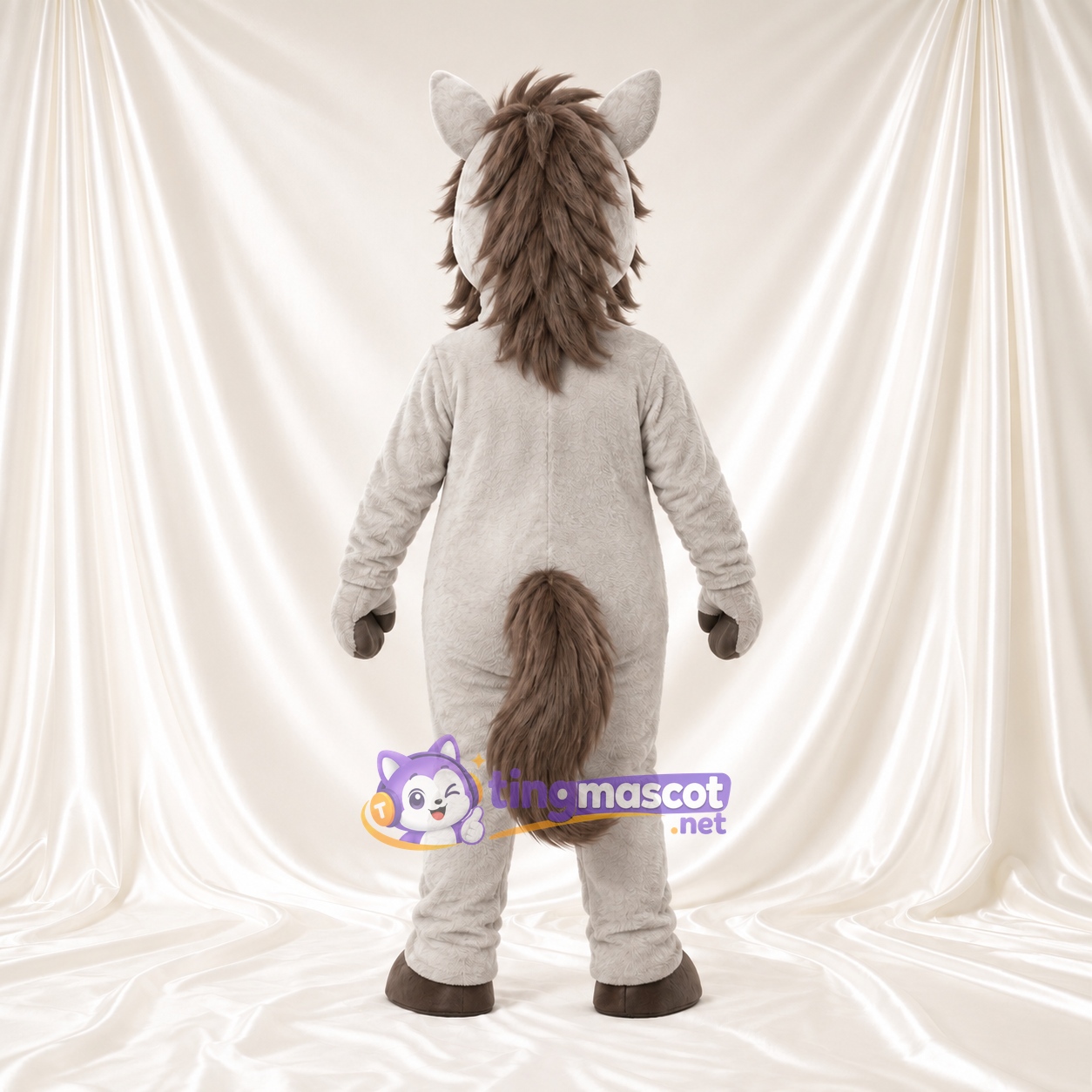 Costume de mascotte Cheval – gris – Crinière (gris); Yeux (bleu) Costume de mascotte Cheval – gris – Crinière (gris); Yeux (bleu)