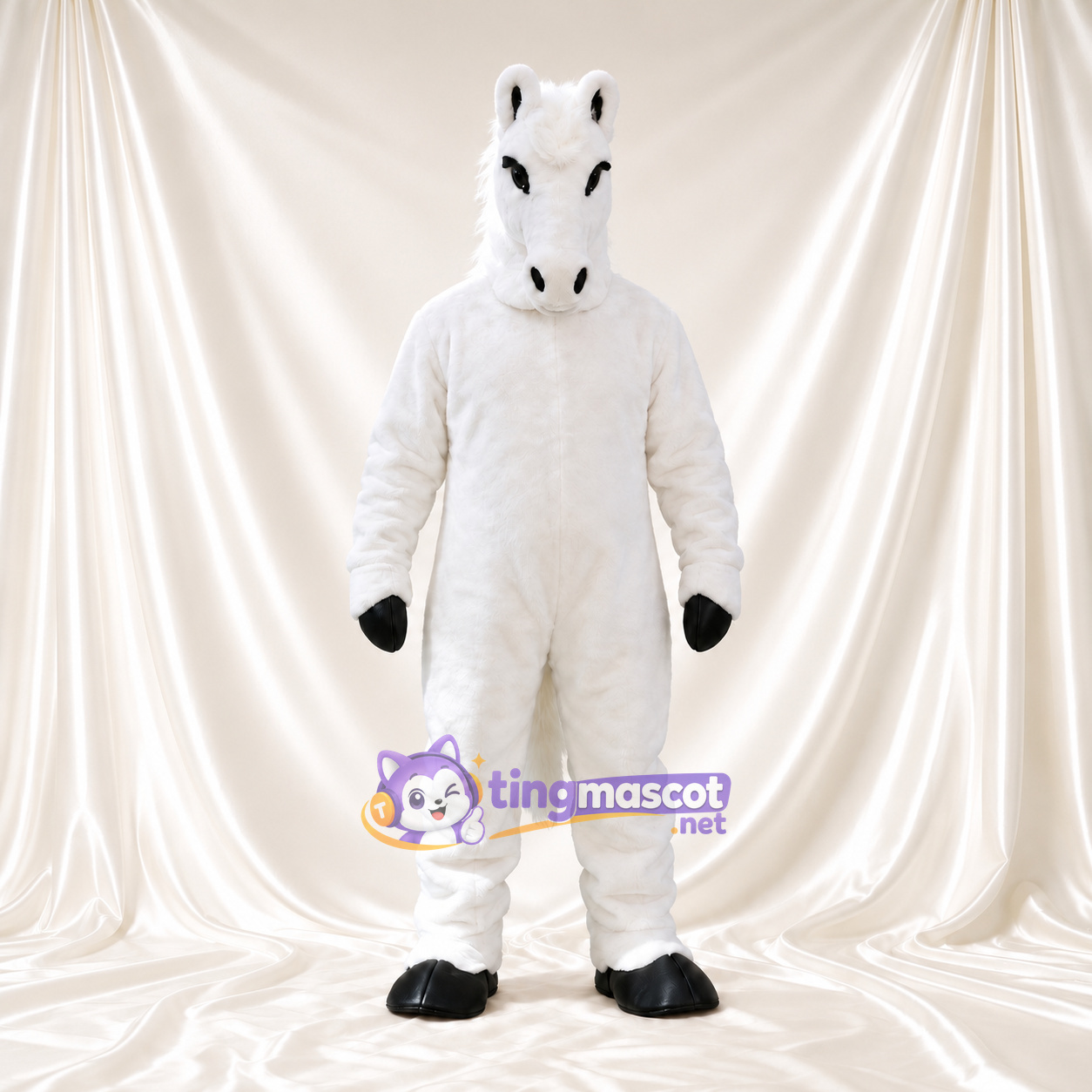 Costume de mascotte Cheval – blanc – Sabots (noir); Crinière (blanc) Costume de mascotte Cheval – blanc – Sabots (noir); Crinière (blanc)