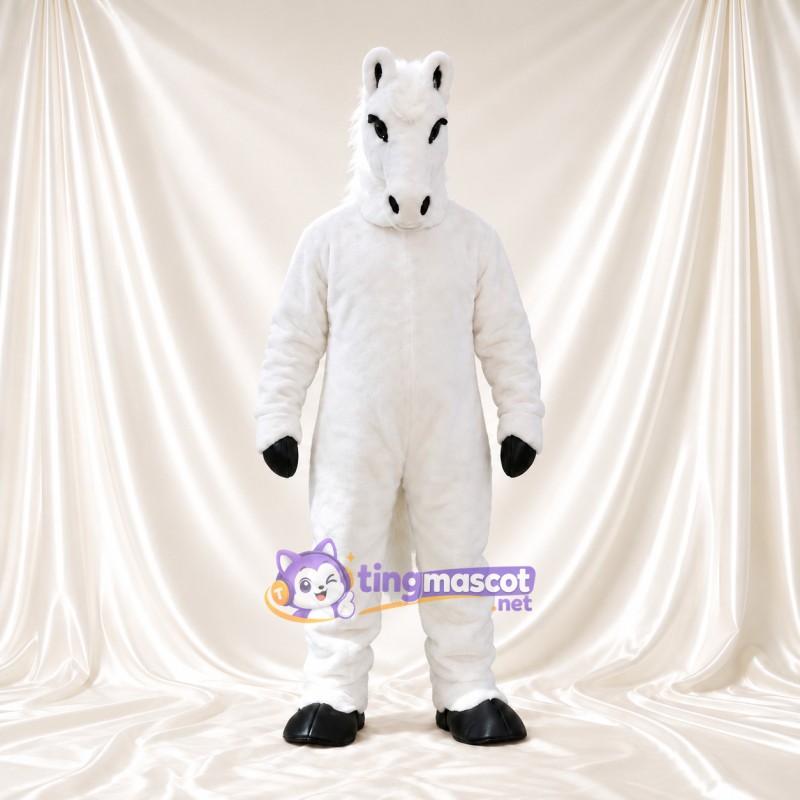 Costume de mascotte Cheval – blanc – Sabots (noir); Crinière (blanc) Costume de mascotte Cheval – blanc – Sabots (noir); Crinière (blanc)