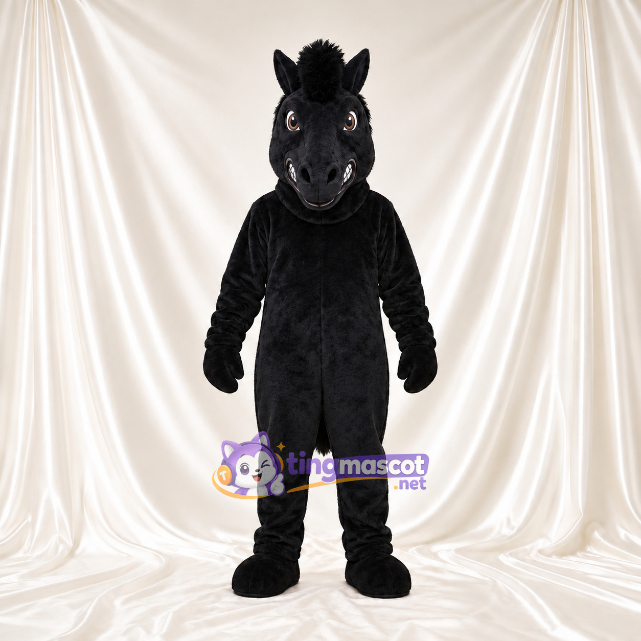 Black Horse Mascot Costume - Black Mane and Toothy Grin Black Horse Mascot Costume - Black Mane and Toothy Grin