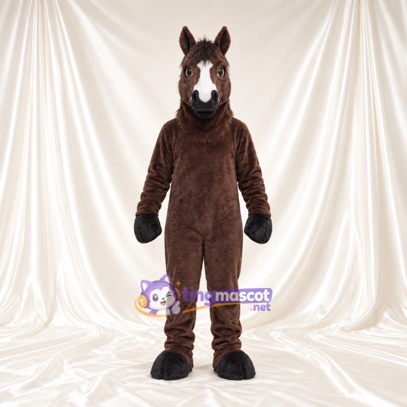Costume de mascotte Cheval – marron foncé – Liste (blanc)