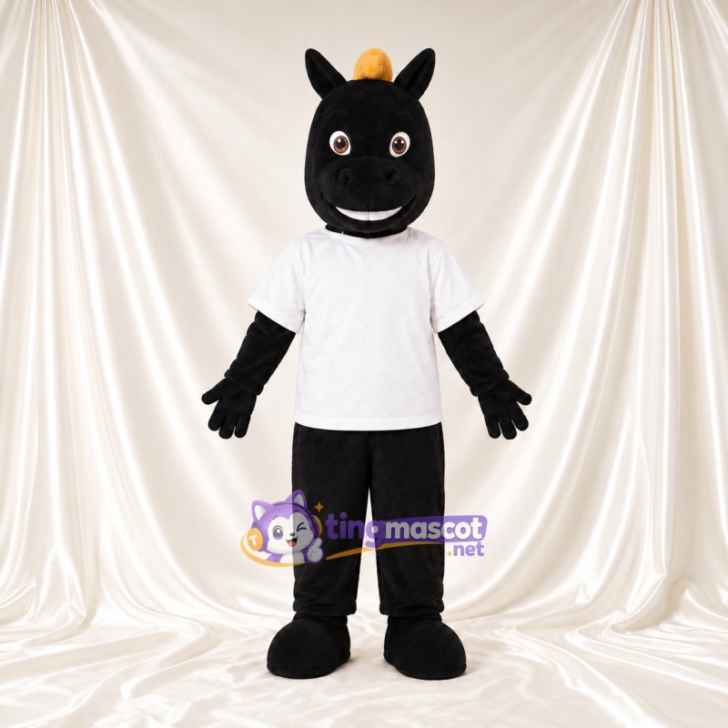 Costume de mascotte Cheval – noir – Chemise (blanc); Crinière (jaune) Costume de mascotte Cheval – noir – Chemise (blanc); Crinière (jaune)